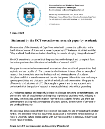 UCT statement on Prof Nicoli Natrass