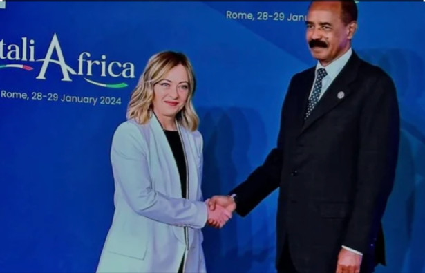 Italian Prime Minister Giorgia Meloni welcomes Eritrea's President Isaias Afwerki January 2024